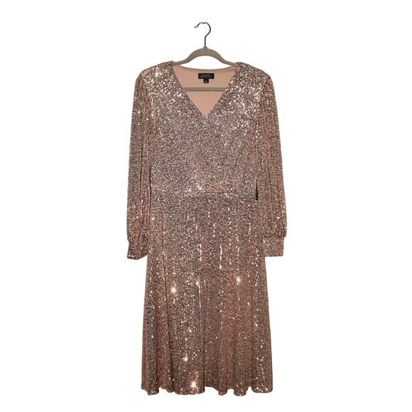 TAHARI ASL NEW $218 Blush Sequin Surplice Neck Fit & Flare Dress Size 6 - Picture 1 of 5